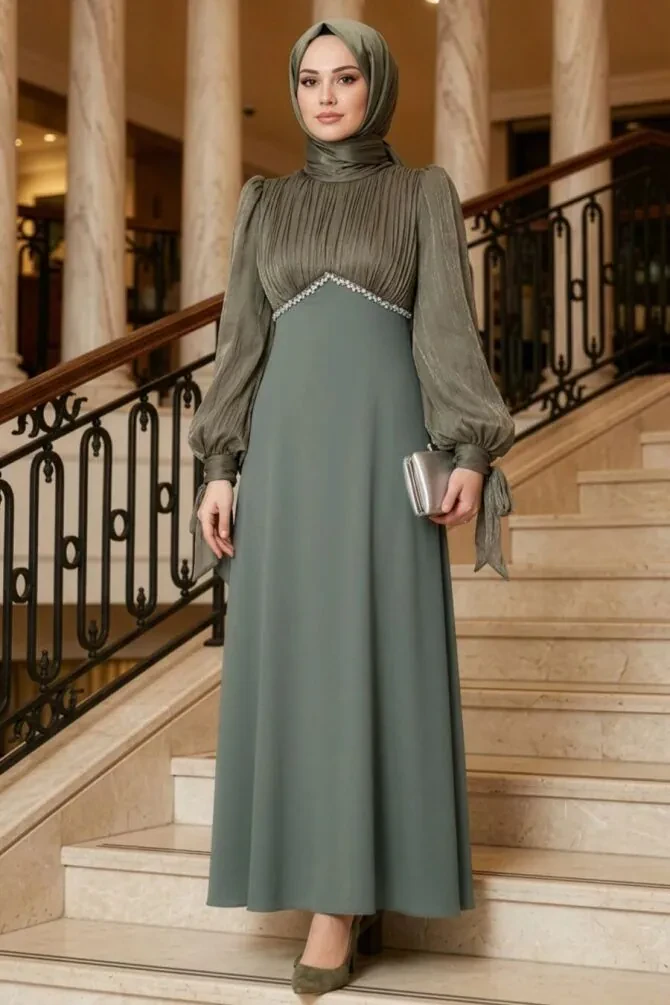 Modest Evening Dress - Bead Detailed Khaki Modest Evening Dress 55701HK - 1