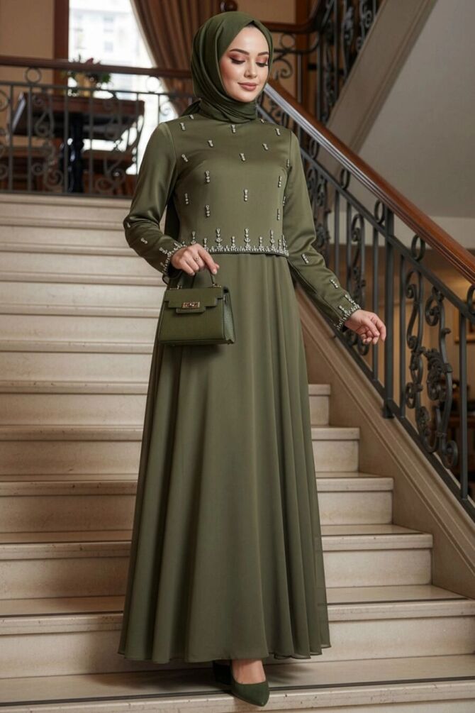 Modest Evening Dress - Bead Detailed Khaki Modest Evening Dress 55721HK - 1