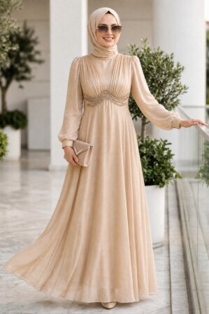 Modest Evening Dress - Bead Detailed Koyu Beige Modest Evening Dress 6295KBEJ 