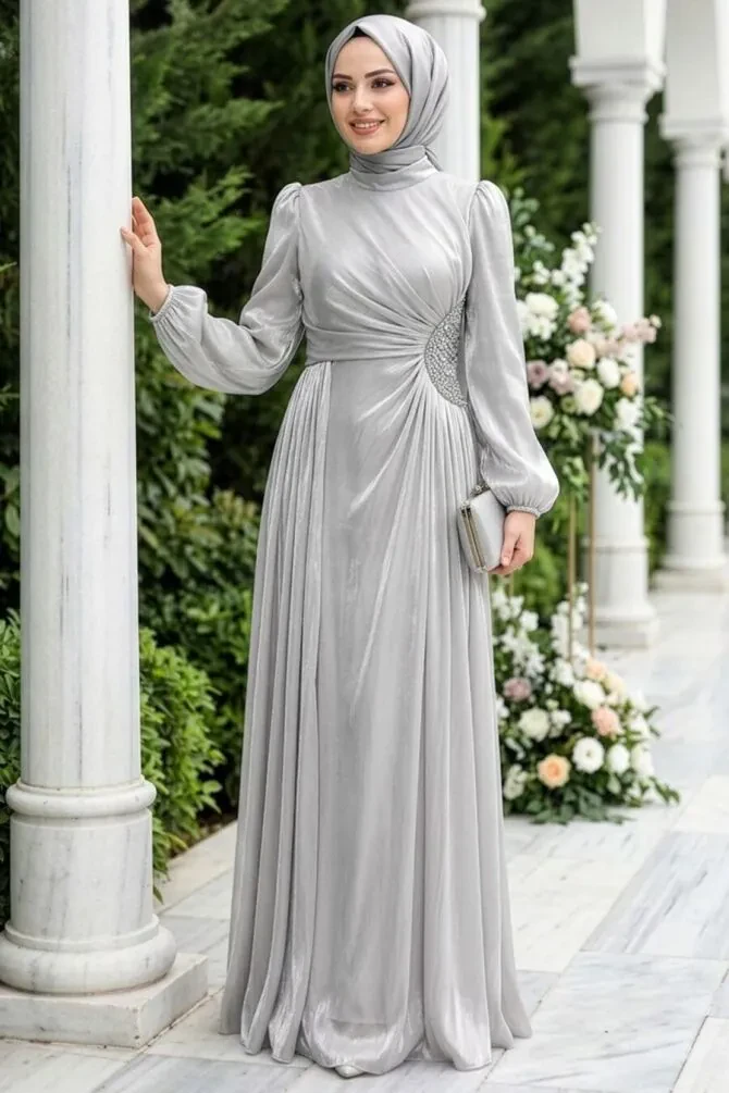 Modest Evening Dress - Bead Detailed Mink Modest Evening Dress 47561V - 1