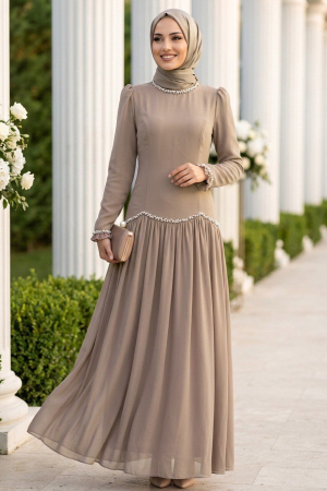 Modest Evening Dress - Bead Detailed Mink Modest Evening Dress 55212V 