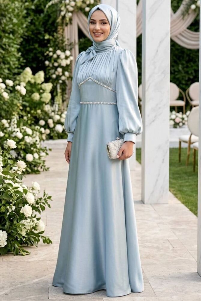 Modest Evening Dress - Bead Detailed Mint Modest Evening Dress 4778MINT - 1
