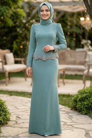 Modest Evening Dress - Bead Detailed Mint Modest Evening Dress 54191MINT 