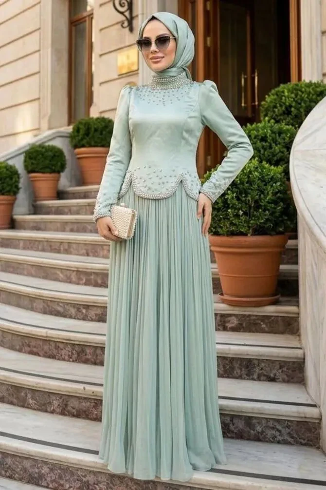 Modest Evening Dress - Bead Detailed Mint Modest Evening Dress 55651MINT - 1