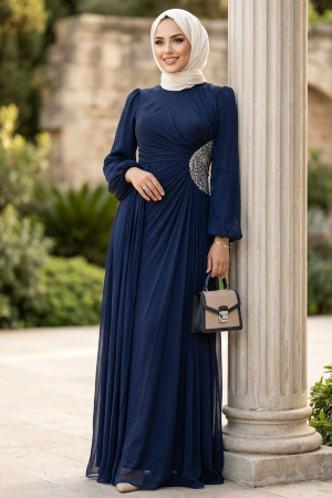 Modest Evening Dress - Bead Detailed Navy Blue Modest Evening Dress 47561L 