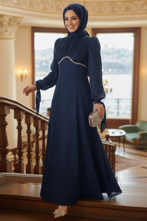 Modest Evening Dress - Bead Detailed Navy Blue Modest Evening Dress 55701L 