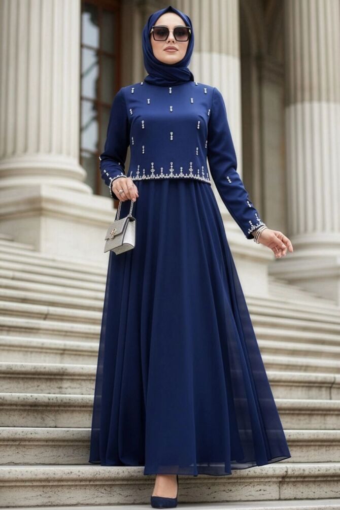 Modest Evening Dress - Bead Detailed Navy Blue Modest Evening Dress 55721L - 1