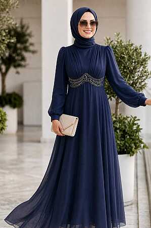 Modest Evening Dress - Bead Detailed Navy Blue Modest Evening Dress 6295L - N.S NEVA STYLE