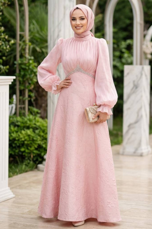 Modest Evening Dress - Bead Detailed Pink Modest Evening Dress 80178P 