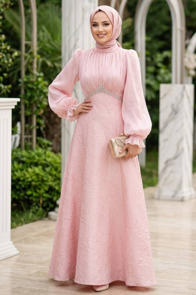 Modest Evening Dress - Bead Detailed Pink Modest Evening Dress 80178P - 1