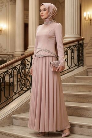 Modest Evening Dress - Bead Detailed Powder Pink Modest Evening Dress 55991PD 