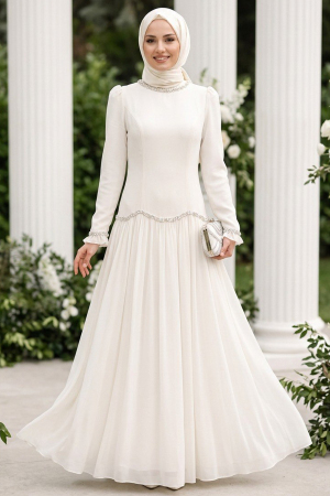 Modest Evening Dress - Bead Detailed White Modest Evening Dress 55212B - 1