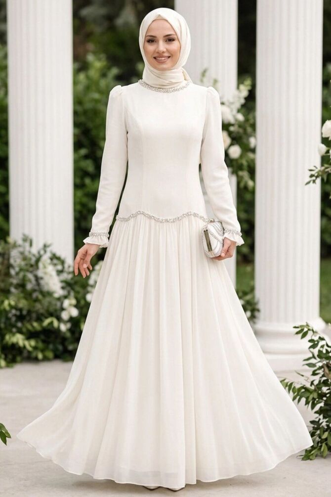 Modest Evening Dress - Bead Detailed White Modest Evening Dress 55212B - 1