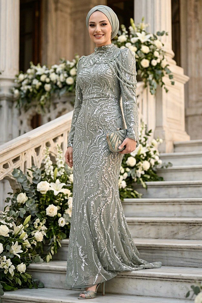 Modest Evening Dress - Bead Embroidered Almond Green Modest Evening Dress 80164CY - 1
