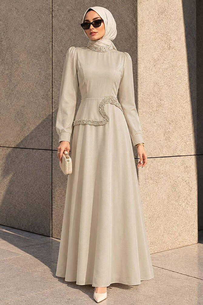 Modest Evening Dress - Bead Embroidered Beige Modest Evening Dress 48081BEJ - 1