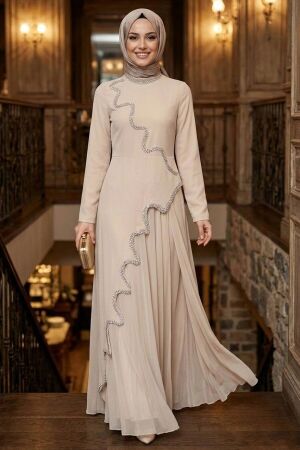 Modest Evening Dress - Bead Embroidered Beige Modest Evening Dress 55741BEJ 