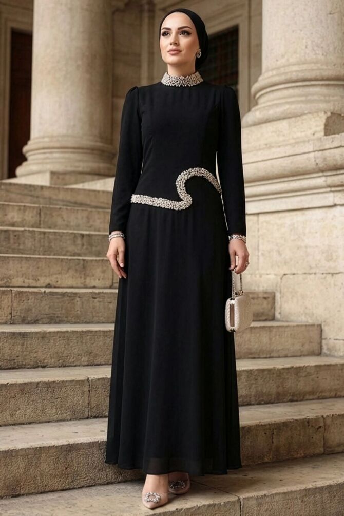 Modest Evening Dress - Bead Embroidered Black Modest Evening Dress 48081S - 1