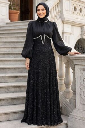 Modest Evening Dress - Bead Embroidered Black Modest Evening Dress 70171S - 1
