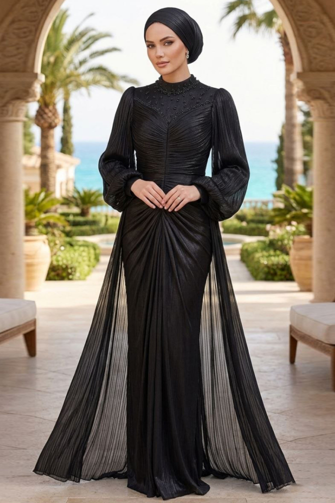 Modest Evening Dress - Bead Embroidered Black Shimmering Modest Evening Dress 56161S - 1
