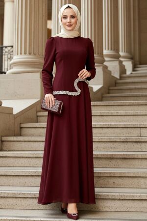 Modest Evening Dress - Bead Embroidered Burgundy Modest Evening Dress 48081BR 