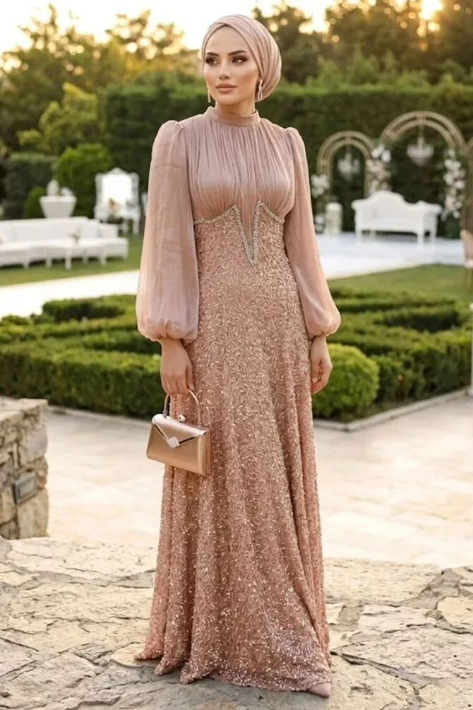 Modest Evening Dress - Bead Embroidered Camel Modest Evening Dress 70171C - 1