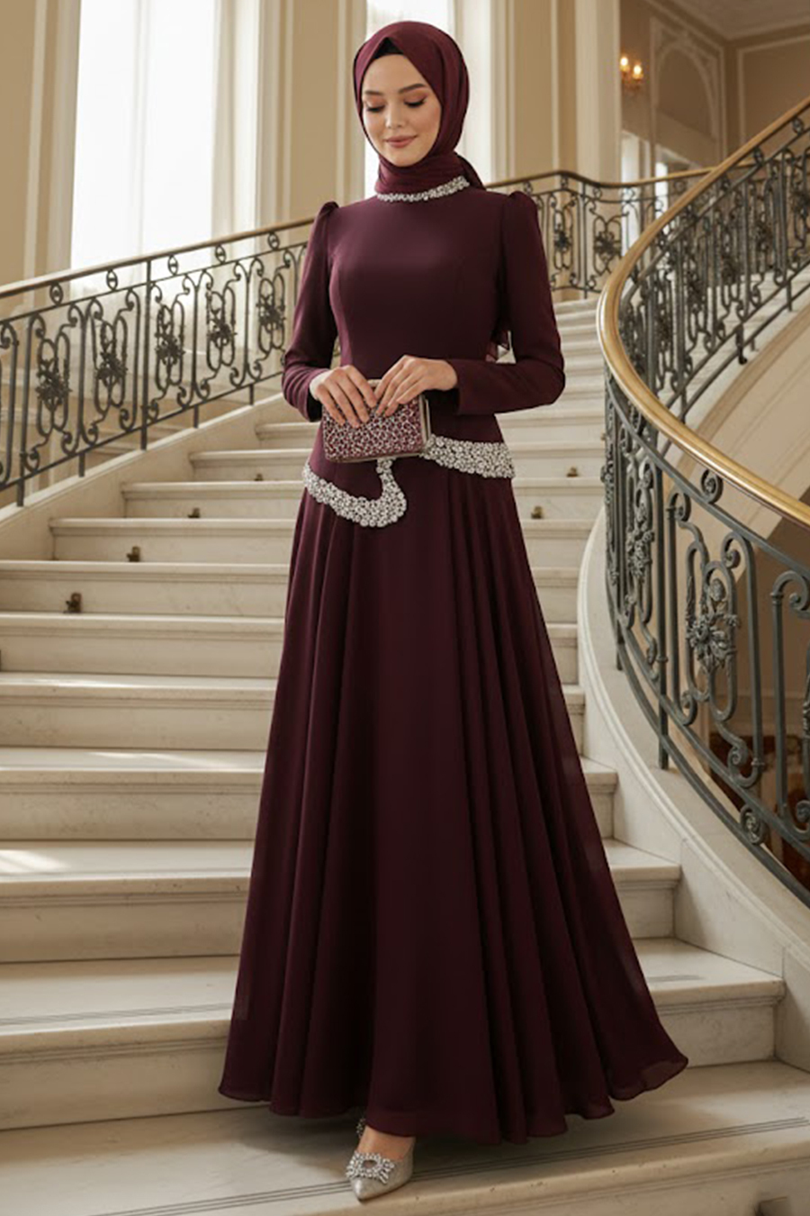 dark brown modest dress Aloruh Women's Dark Brown Stand Collar Long Sleeve Flared Hem Maxi  Dress,Elegant Autumn Dining Outfit,Knitted Business Commuter Old Money  Style Modest Dress