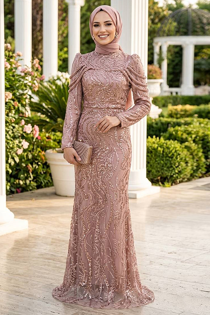 Modest Evening Dress - Bead Embroidered Koyu Beige Modest Evening Dress 80164KBEJ - 1