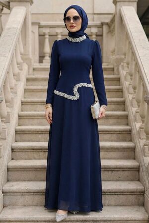 Modest Evening Dress - Bead Embroidered Navy Blue Modest Evening Dress 48081L 