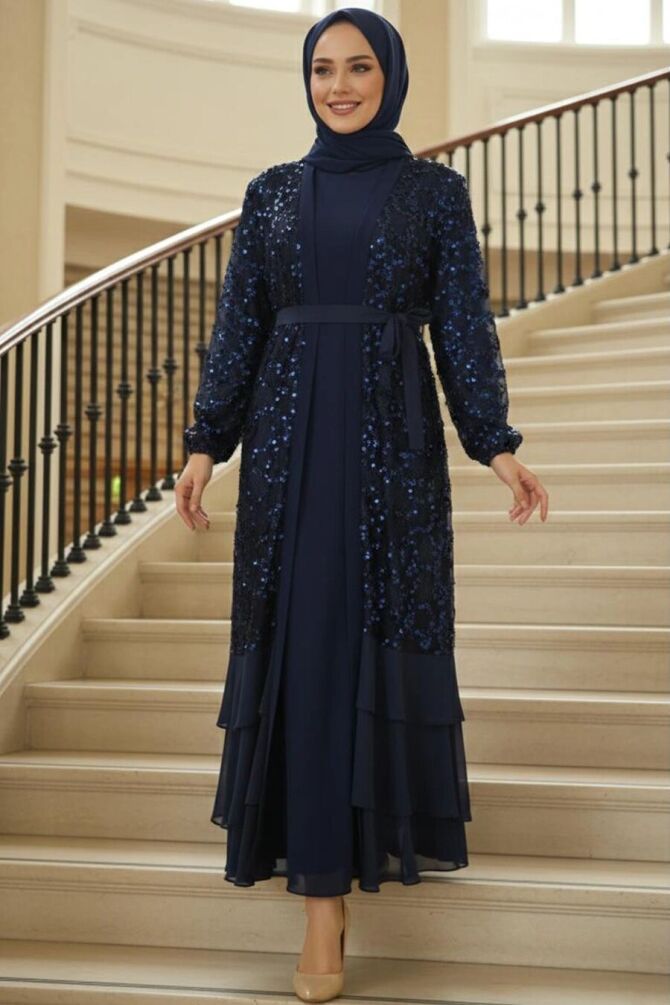 Modest Evening Dress - Bead Sequin Embroidered Navy Blue Modest Evening Dress 47671L - 1