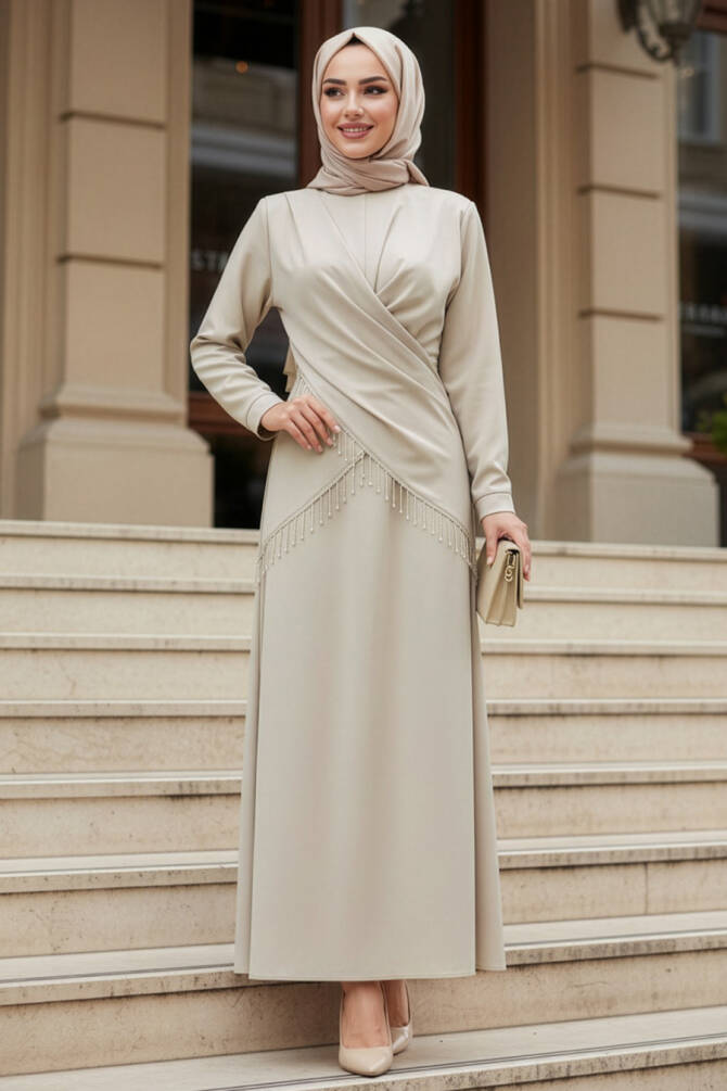 Modest Evening Dress - Beige Modest Satin Evening Dress 6274BEJ - 1