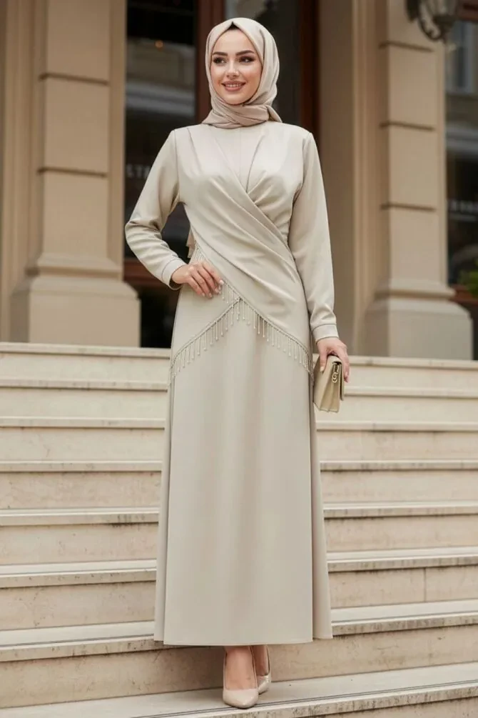 Modest Evening Dress - Beige Modest Satin Evening Dress 6274BEJ - 1