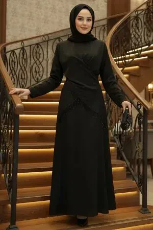 Modest Evening Dress - Black Modest Satin Evening Dress 6274S 