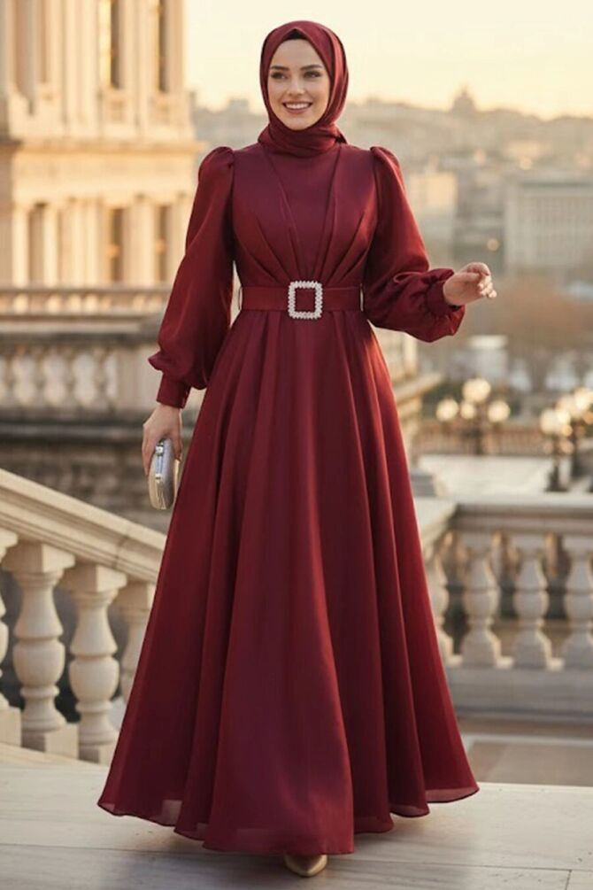 Modest Evening Dress - Buckle Detailed Belted Burgundy Modest Evening Dress 45295BR - 1