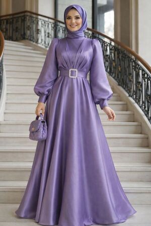 Modest Evening Dress - Buckle Detailed Belted Lila Modest Evening Dress 45295LILA 
