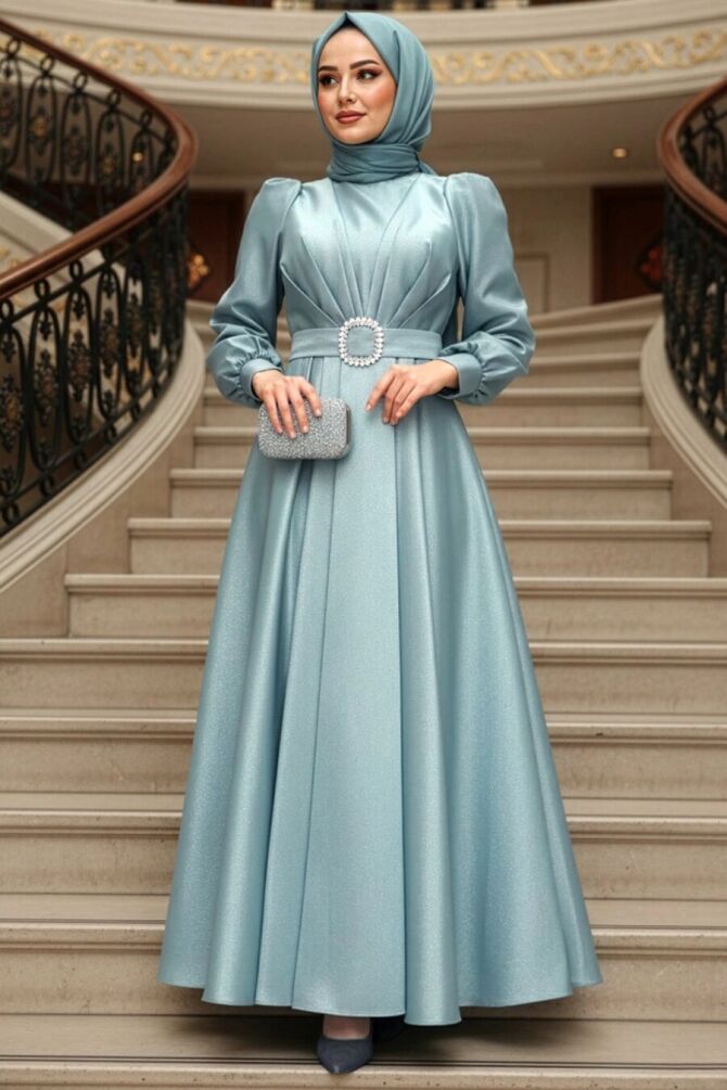 Modest Evening Dress - Buckle Detailed Belted Mint Modest Evening Dress 45295MINT - 1