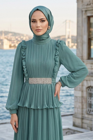 Modest Evening Dress - Chiffon Almond Green Stone Belted Pleated Modest Evening Dress 5690CY - 2