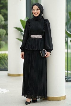 Modest Evening Dress - Chiffon Black Stone Belted Pleated Modest Evening Dress 5690S 