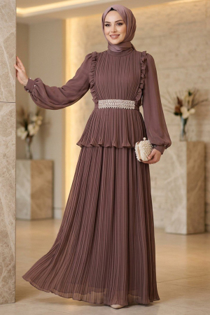 Modest Evening Dress - Chiffon Brown Stone Belted Pleated Modest Evening Dress 5690KH 