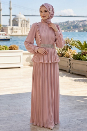 Modest Evening Dress - Chiffon Powder Pink Stone Belted Pleated Modest Evening Dress 5690PD 