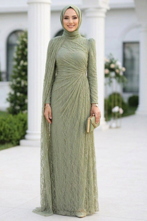 Modest Evening Dress - Dantel Almond Green Modest Evening Dress 5659CY 