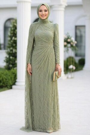 Modest Evening Dress - Dantel Almond Green Modest Evening Dress 5659CY 