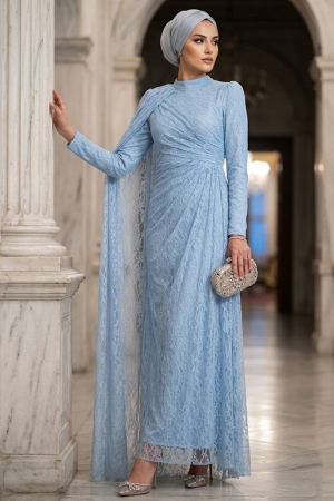 Modest Evening Dress - Dantel Bebek Mavisi Modest Evening Dress 5659BM 