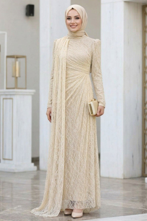 Modest Evening Dress - Dantel Beige Modest Evening Dress 5659BEJ 