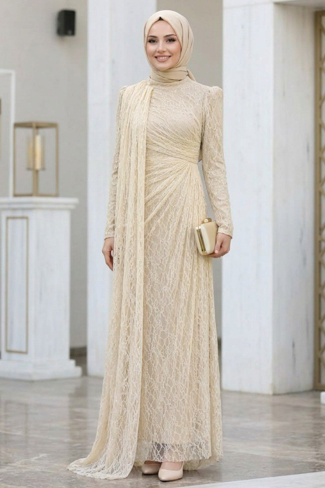 Modest Evening Dress - Dantel Beige Modest Evening Dress 5659BEJ - 1