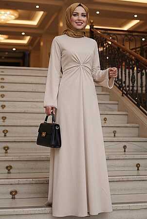 Modest Evening Dress - Dantel Collar Beige Modest Evening Dress 62412BEJ 