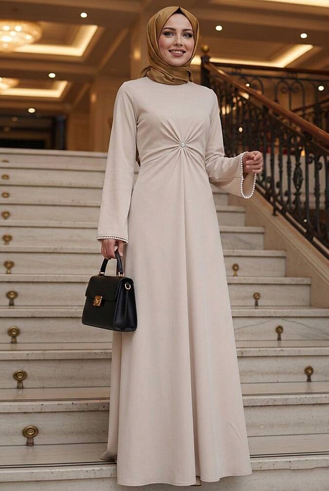 Modest Evening Dress - Dantel Collar Beige Modest Evening Dress 62412BEJ - 1