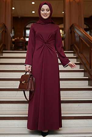 Modest Evening Dress - Dantel Collar Burgundy Modest Evening Dress 62412BR - 1