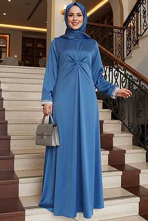 Modest Evening Dress - Dantel Collar Indigo Blue Modest Evening Dress 62412IM 