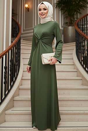 Modest Evening Dress - Dantel Collar Khaki Modest Evening Dress 62412HK 