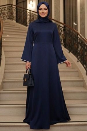 Modest Evening Dress - Dantel Collar Navy Blue Modest Evening Dress 62412L 